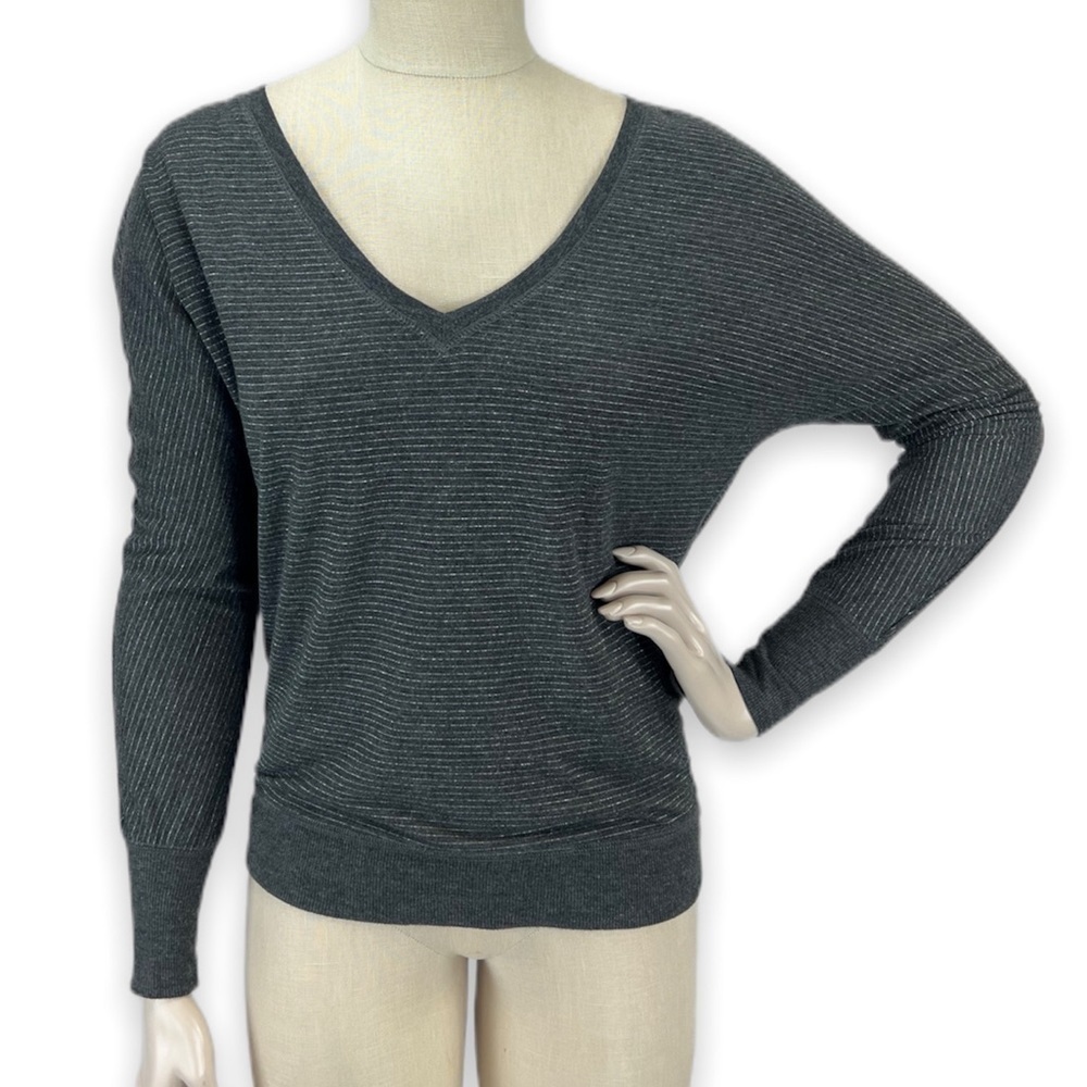 American Eagle Outfitters Charcoal Silver Striped V-neck Dolman Knit Top Small S